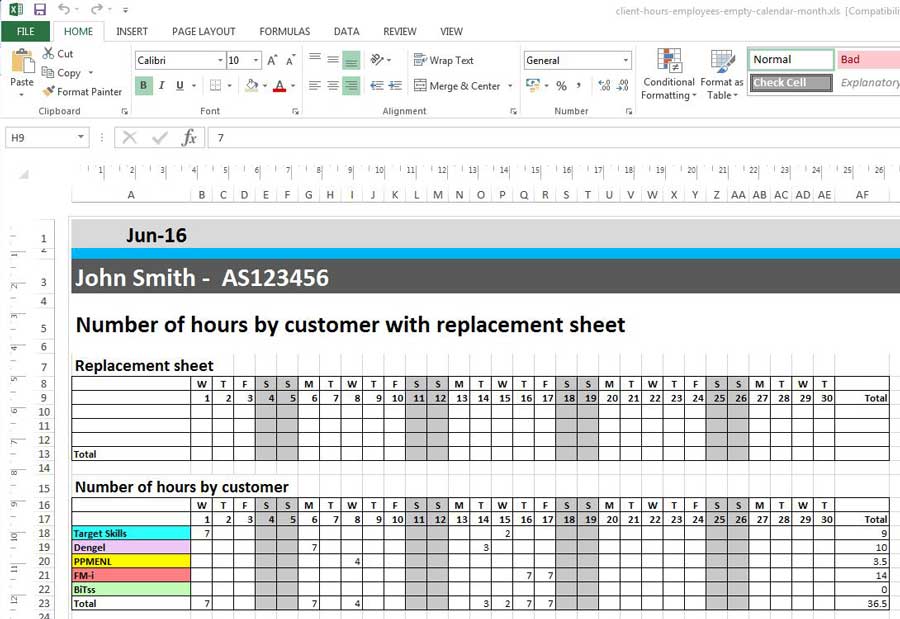 Maandplanning uren door in Excel