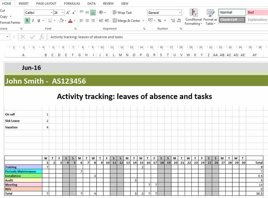 Maandschema van afwezigheden en bladeren in Excel