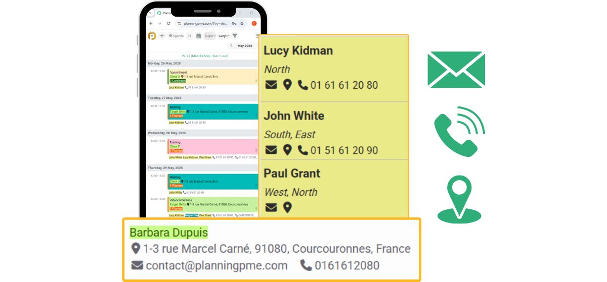 Klikbare pictogrammen voor telefoonnummer, e-mail en adres