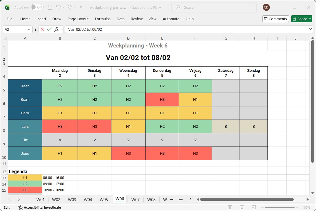 Voorbeeld van een weekrooster in Excel