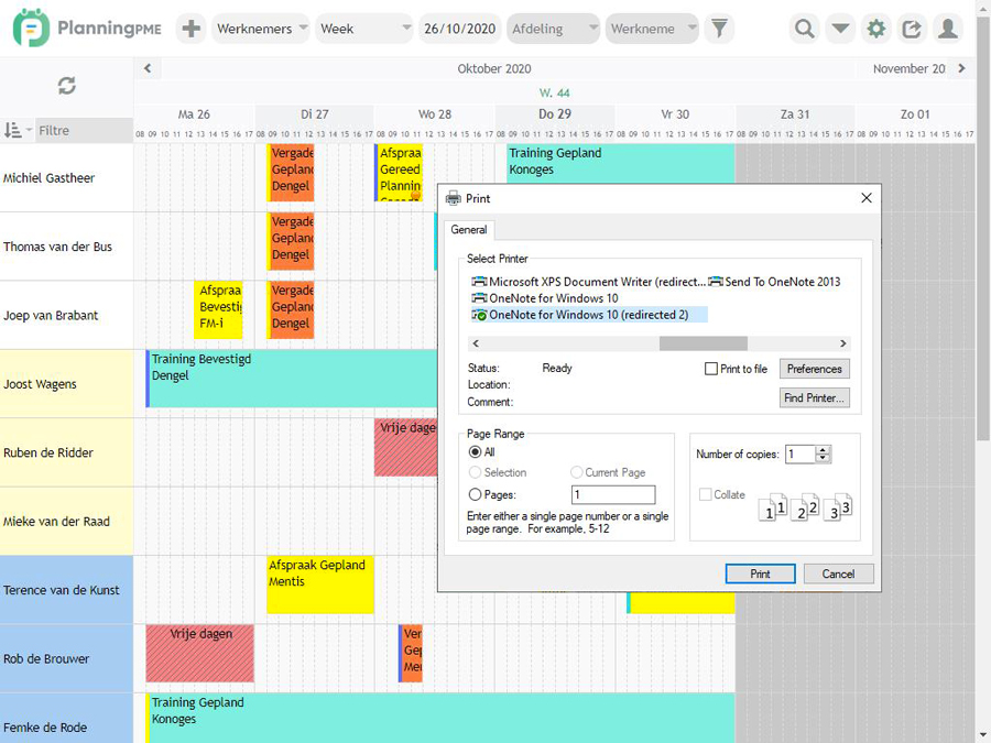 De werkplanning afdrukken PlanningPME Web Access
